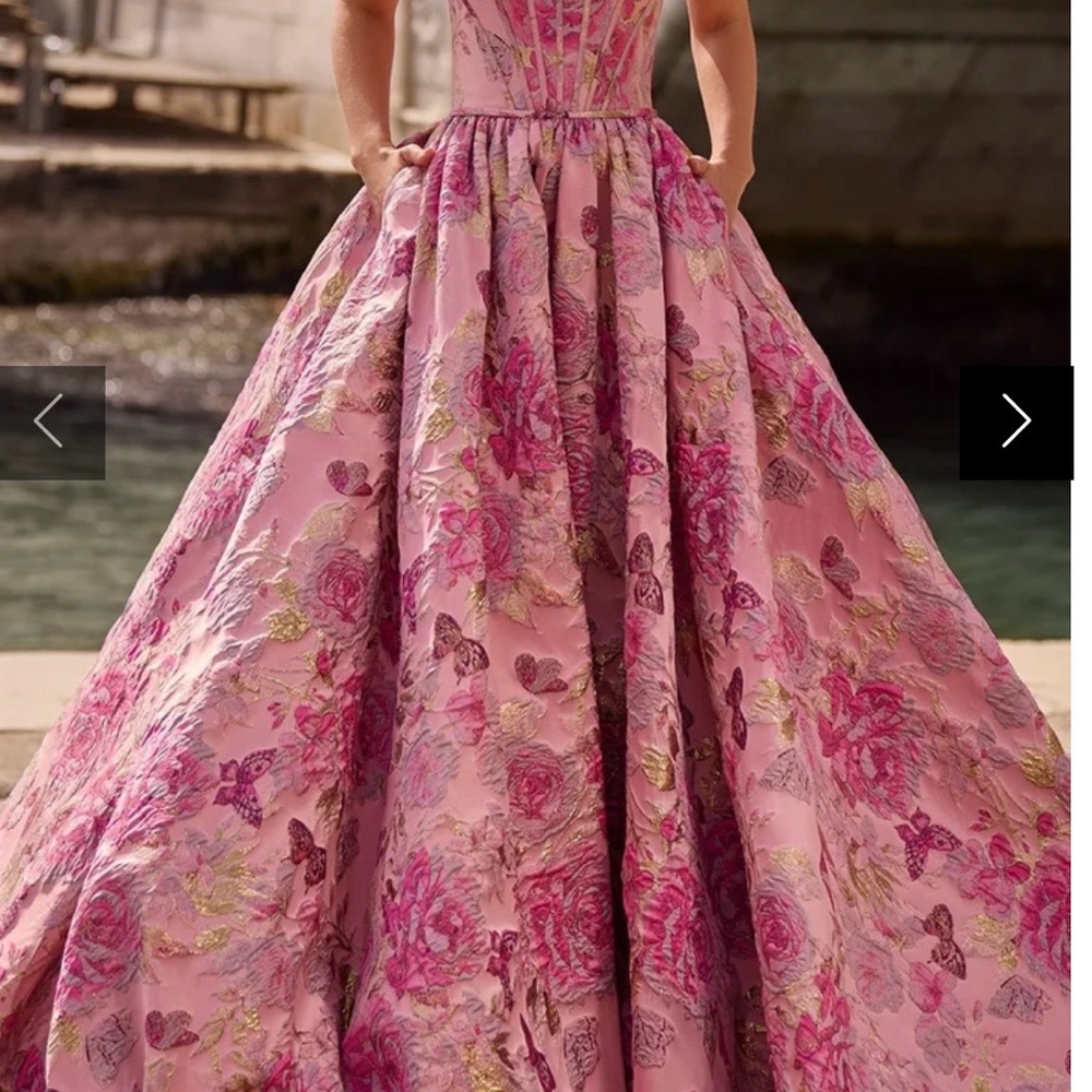 Sherri Hill Pink Floral Ball Gown with Gold Accents - Picture 3 of 5